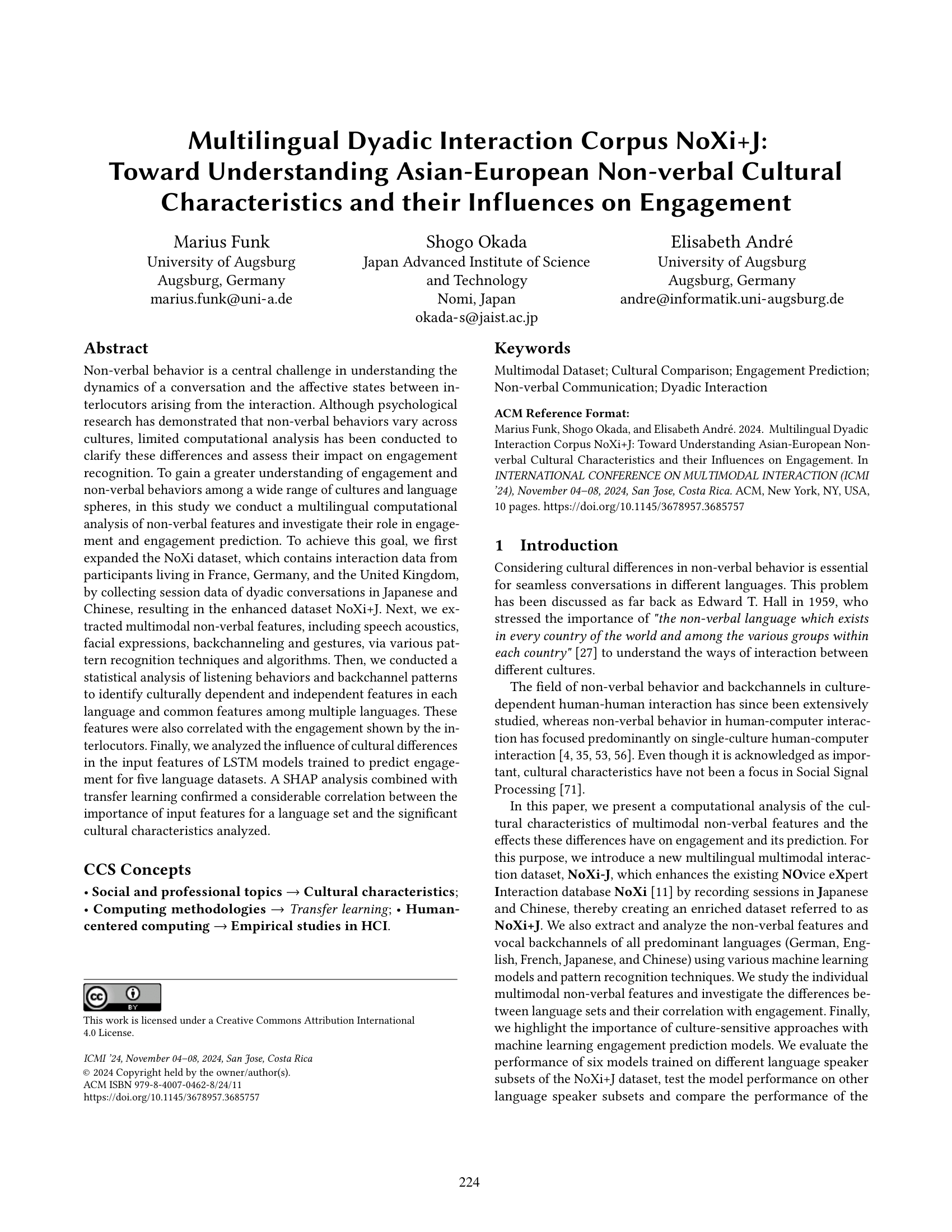 Multilingual dyadic interaction corpus noxi+ j: Toward understanding asian-european non-verbal cultural characteristics and their influences on engagement