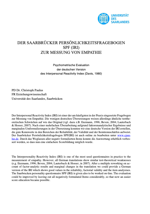 Der Saarbrücker Persönlichkeitsfragebogen SPF (IRI) zur Messung von Empathie: Psychometrische Evaluation der deutschen Version des Interpersonal Reactivity Index